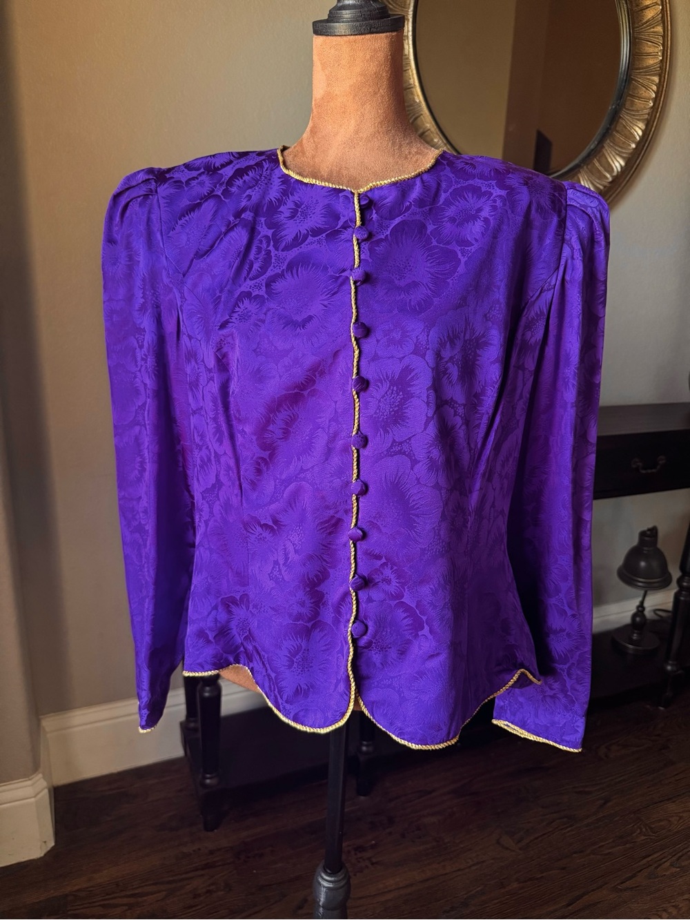 Maggy London | Vintage 80s Purple Silk Jacquard Top with Gold Cord Trim Size 16